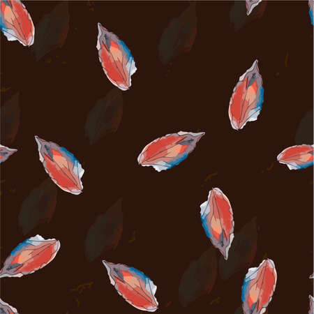 A leaf pattern with a delicate red and blue tint, green leaves on a dark backgroundのイラスト素材