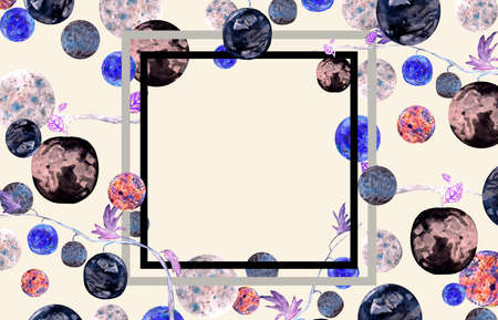 Watercolor template fantasy flowers and planets of the solar system, on a white background for your design, hand drawn illustrationの写真素材
