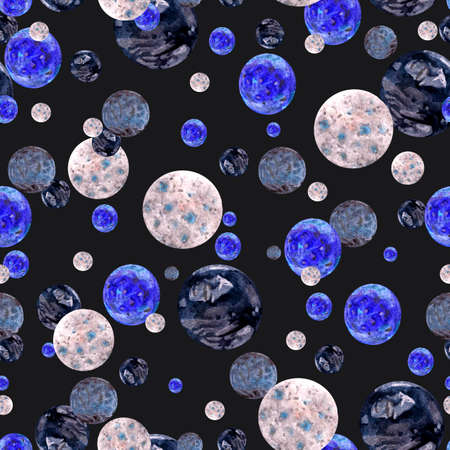 Watercolor pattern of the planets of the solar system and the satellite of Jupiter on a dark...