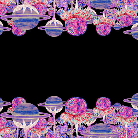 Watercolor border colorful planets and flowers on a black background for your designの写真素材