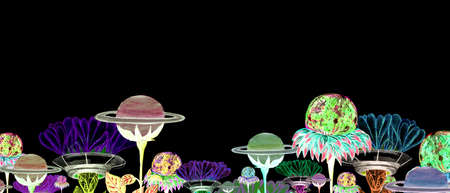 Watercolor template fantasy garden flower of the planet Saturn, Mercury, spaceship on a black background for your designの写真素材