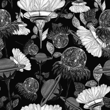 Watercolor pattern fantasy flower garden and the planet Saturn, spaceship, petals on a dark background for your seamless design, hand drawn illustrationの写真素材