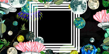 Watercolor template fantasy garden with flowers and , satellite of Jupiter, moon, on a dark...