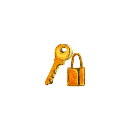 Watercolor logo golden lock and key, isolated on white background for your design, illustration hand...