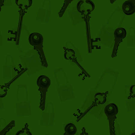 Watercolor pattern antique key and lock on green background for your seamless design, hand drawn illustrationの写真素材
