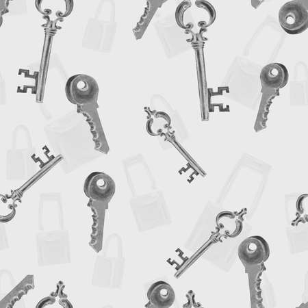 Watercolor pattern silver key and lock on a gray background for your seamless design, hand drawn illustrationの写真素材