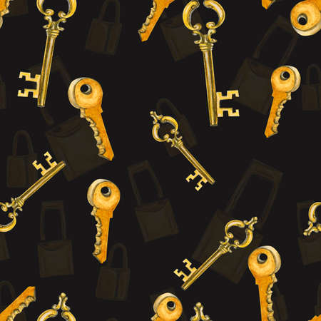 Watercolor pattern golden lock and key on a dark background for your luxury design seamless hand drawnの写真素材