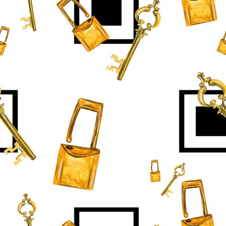 Watercolor pattern golden key and lock on a white background for your seamless designの写真素材