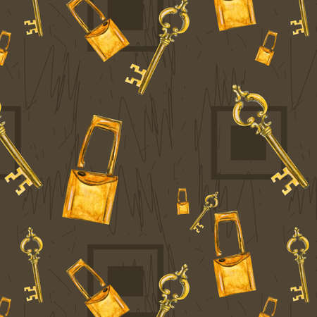 Watercolor pattern golden key and lock on a beige background for your seamless design, hand drawn illustrationの写真素材