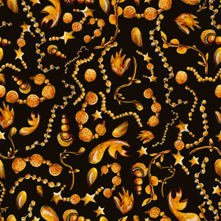 Pattern with a watercolor accessory made of gold, precious stones, jewelry, on a dark background for your design seamlessの写真素材