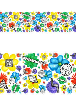 Colorful border with summer flowers, hydrangea, chamomile and lotus and geometric shapes circle, square, rhombus, rectangle and triangle, on a white backgroundの写真素材