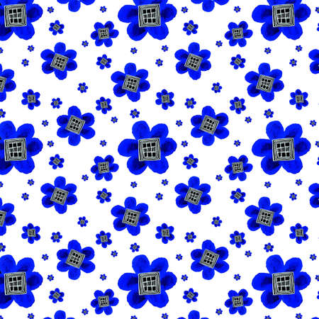 Pattern with blue flower watercolor, geometric figure, black square on a white background for your...