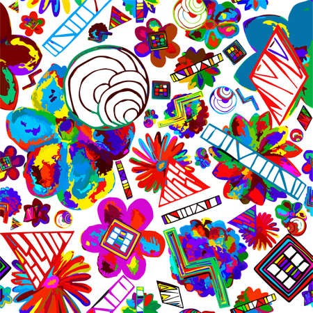 Rainbow pattern flowers, chamomile, lotus, hydrangea, dahlia on a white background with geometry shapes, square, circle for your designのイラスト素材