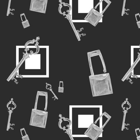 Watercolor pattern silver key and lock on a dark background for your seamless design, hand drawn illustrationの写真素材