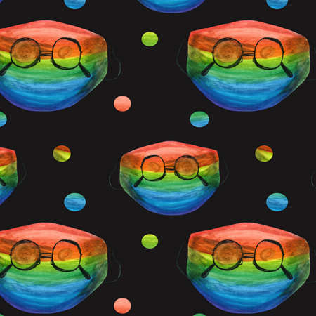 Watercolor pattern medical mask, epidemic, rainbow color on a dark background for your seamless design, hand drawn illustrationの写真素材