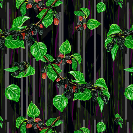 Watercolor pattern black red sweet ripe berry on a twig, mulberry tree on a dark background for your seamless design, hand drawn illustrationの写真素材