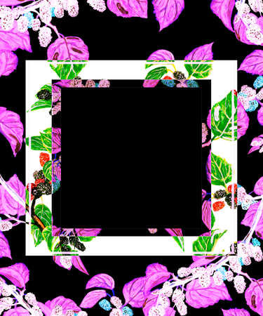 Watercolor frame pink tree branch, sweet fresh berry on black and white background for your design, hand drawn illustrationの写真素材