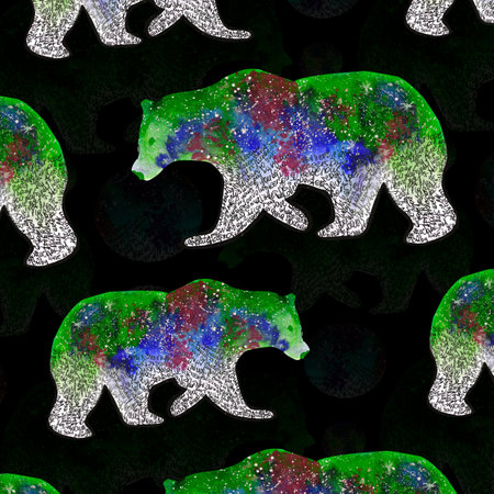 Watercolor surreal wild bear, colorful green space and stars, on dark background for your seamless design, hand drawn illustrationの写真素材