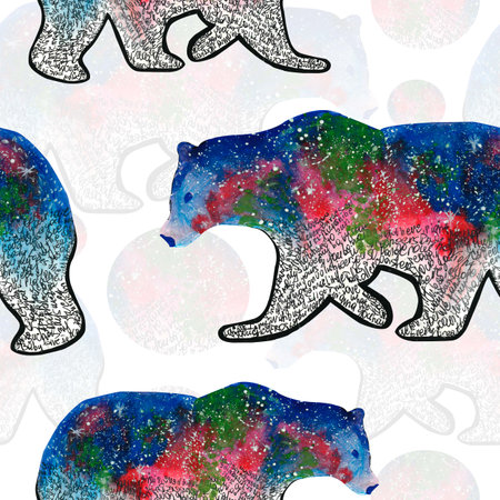 Watercolor pattern wild animal, silhouette of a bear and space, on a white background seamless for your design, illustration hand drawnの写真素材