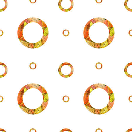 Watercolor pattern orange geometry, abstract circle with autumn foliage on white background for your seamless design, hand drawn illustrationの写真素材