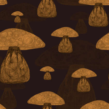 Watercolor forest porcini mushroom on a dark background for your seamless design, illustration hand drawnの写真素材