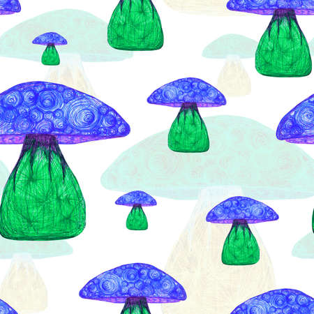 Watercolor pattern blue green forest mushroom on a white background for your design seamless, illustration hand drawnの写真素材