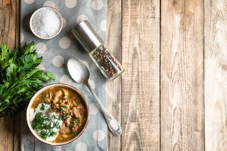 Homemade soup with porcini mushroom, sour cream and herbs on a light rustic background copy space top view.の写真素材