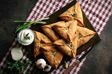 Triangle meat or chicken  pie with potatoes, sour cream, onions, garlic and spices on a dark...