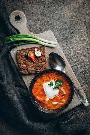 Traditional Ukrainian Russian red soup borscht with ingredients, spice and herbs  in the bowl on a...