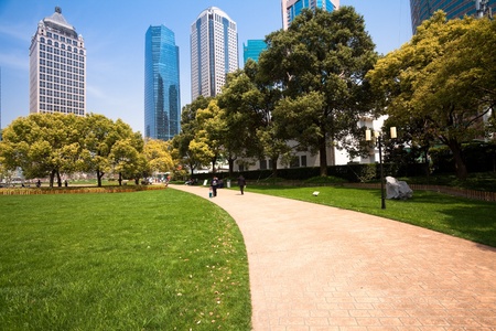 city park with modern building background in shanghaiのeditorial素材