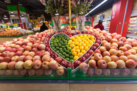 HANGZHOU,CHINA - FEB 14: Carrefour supermarket interior view on February  14th 2014 in Hangzhou. Carrefour is a France chain enterprises worldwide.のeditorial素材