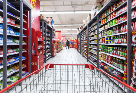 HANGZHOU,CHINA - FEB 14: Carrefour supermarket interior view on February  14th 2014 in Hangzhou. Carrefour is a France chain enterprises worldwide.のeditorial素材