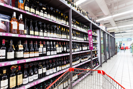 HANGZHOU,CHINA - FEB 14: Carrefour supermarket interior view on February  14th 2014 in Hangzhou. Carrefour is a France chain enterprises worldwide.のeditorial素材