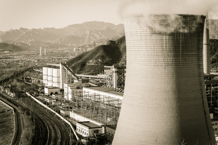 Cooling tower of heavy industry factory in Beijingのeditorial素材