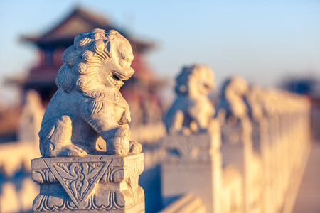 Stone lion sculptures in chinaの写真素材