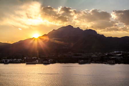 Yanqi lake at sunsetの写真素材