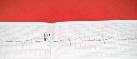Cardiogram Tape graph macro close - up on a red background, bannerの写真素材