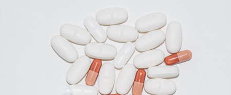 Many different pills on white background, medicine conceptの写真素材