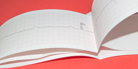 Cardiogram Tape graph macro close - up on a red background, bannerの写真素材