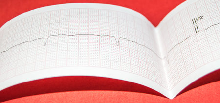 Cardiogram Tape graph macro close - up on a red background, bannerの写真素材