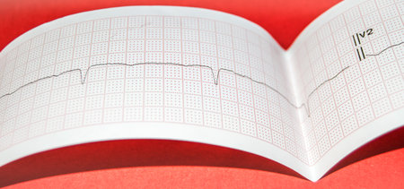 Cardiogram Tape graph macro close - up on a red background, bannerの写真素材