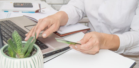 A womans hand enters data using a laptop while holding a credit card in the other hand, an online banking conceptの写真素材