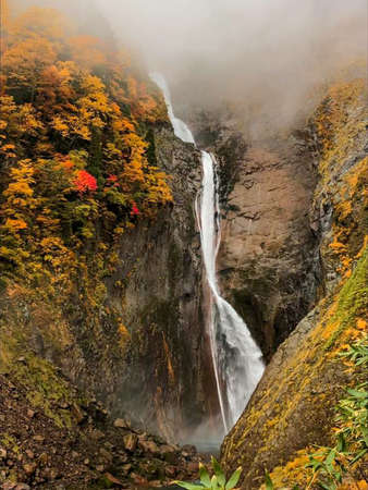 view of waterfalls, maple leaves and mountains in Japan.の写真素材
