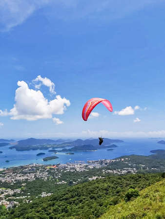 Paraglider flying over the sea in a beautiful summer dayの写真素材
