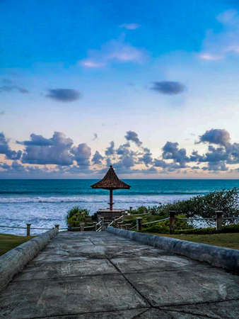 Beautiful view of the sea from the terrace of a hotelの写真素材