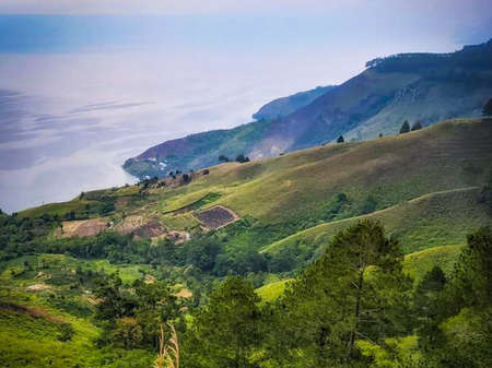 panoramic beauty of the landscape of Lake Toba, North Sumatra, Indonesia.の写真素材