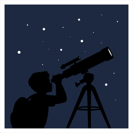 A curious child explores the cosmos with a telescope in a starry night setting, ideal for...