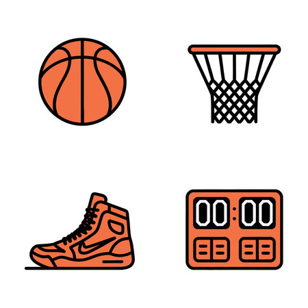 A flat design illustration of basketball gear, including a ball, hoop, sneaker, and scoreboard, for sports and fitness concepts.のイラスト素材