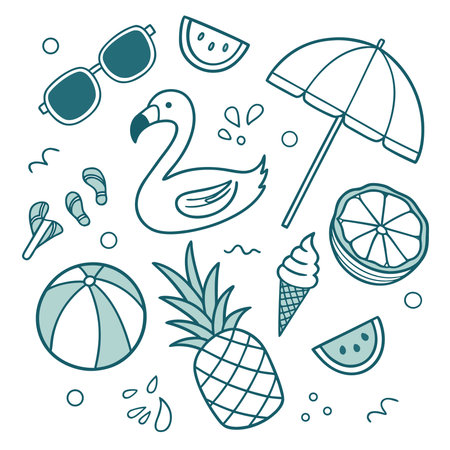 Colorful collection of summer vacation and travel icons including a toucan, pineapple, ice cream,...