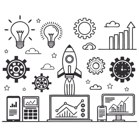 A flat design illustration depicting business growth and innovation with various symbols and icons, suitable for marketing, advertising, and educational materials.のイラスト素材